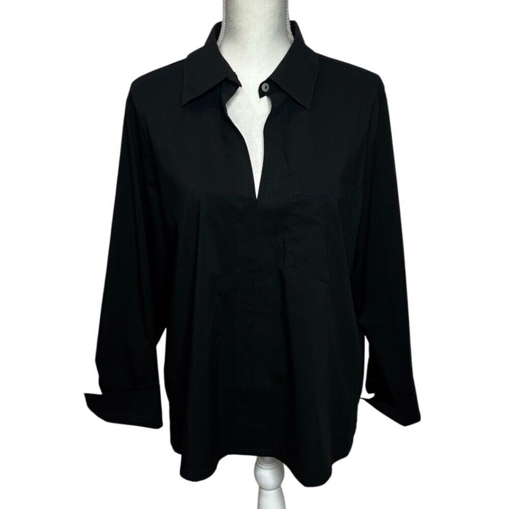 Foxcroft Women's Bella Solid Popover Top Cotton Blend Stretch Shirt SZ L‎ Black